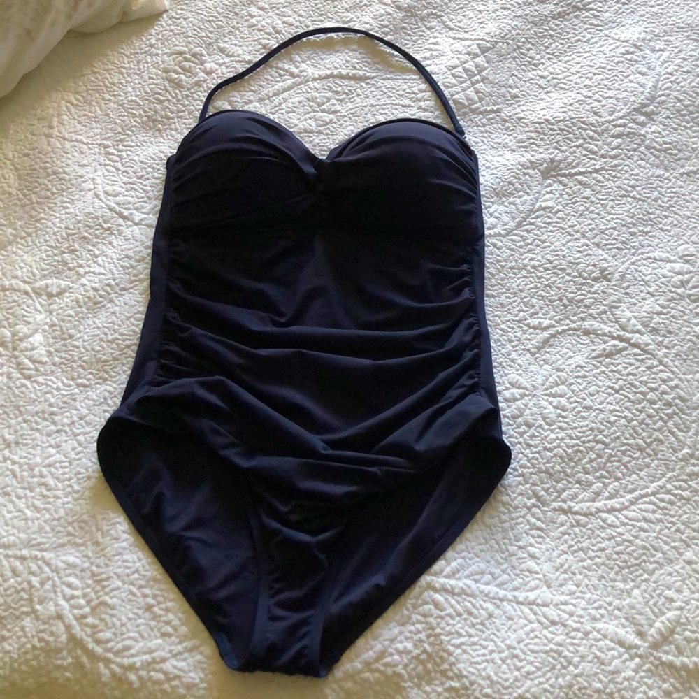 Ann Cole s 10 navy one piece sheared Sweetheart twist top with detachable strap